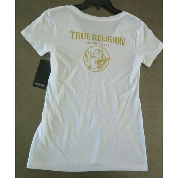 True Religion Women's Size Medium Narcisscus Buddha SS V-Neck Tee T-Shirt $60 - Picture 2 of 5